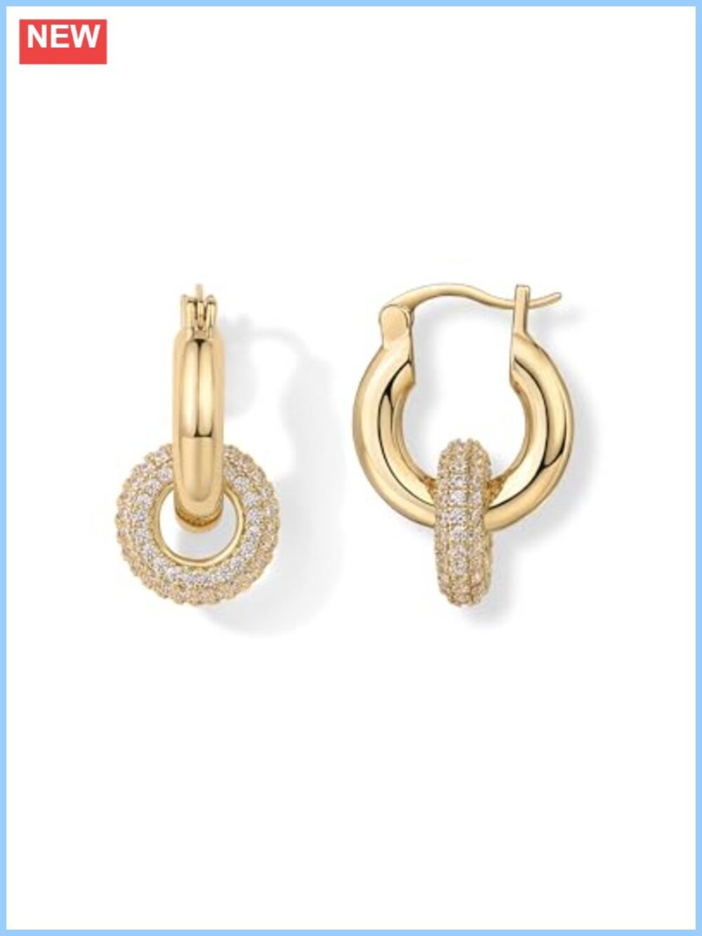 14K Gold Plated Chunky CZ Huggie Hoop Earrings Convertible Women